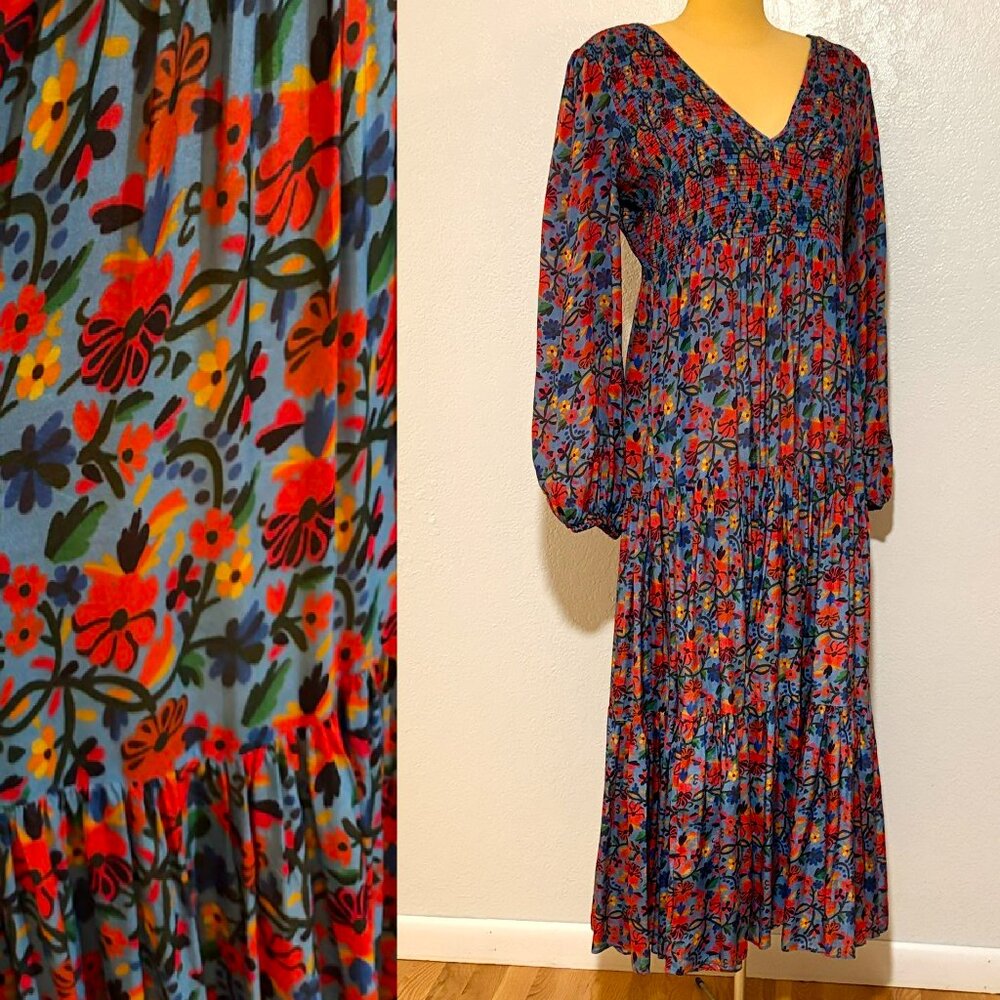 RIXO Brooke Red Blue Floral V-Neck Maxi Dress Smocked Tiered Puff Long Sleeves
